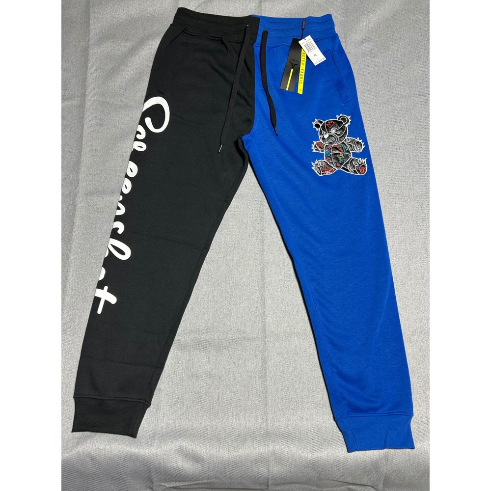 Screenshot Jogger Pants Mens XL Black Royal Blue Split Bear Graphic Streetwear